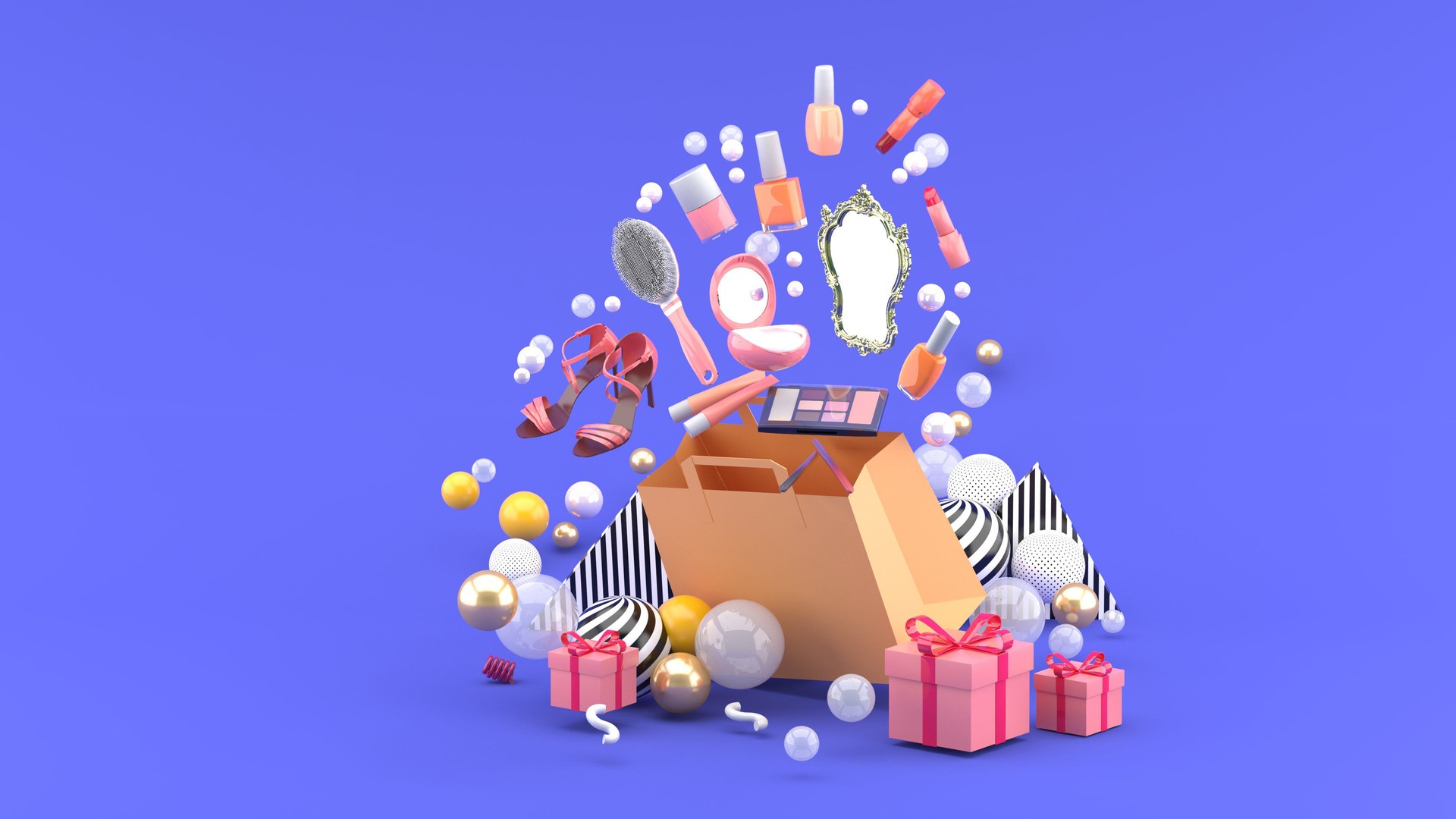 Cosmetics and high heels shoes float out of the bag amid colorful balls on the purple background.-3d render."n